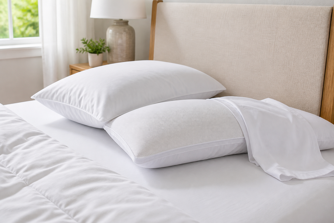 Neatly made bed showing a pillow protector beneath a regular pillowcase and another protector ready to use