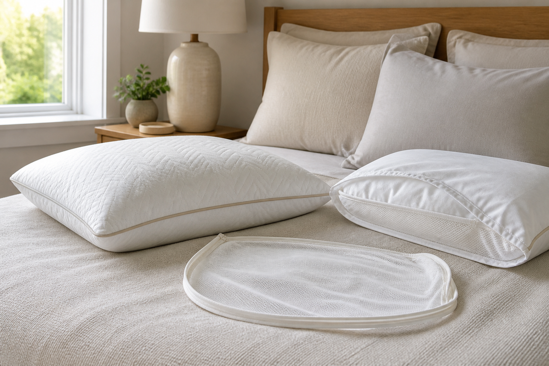 Bed pillows with a removable cover and protective layer separated for care