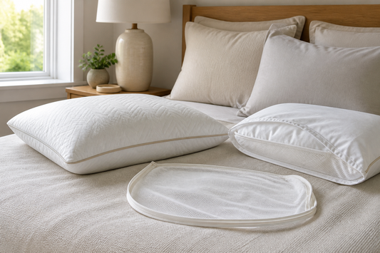 Bed pillows with a removable cover and protective layer separated for care