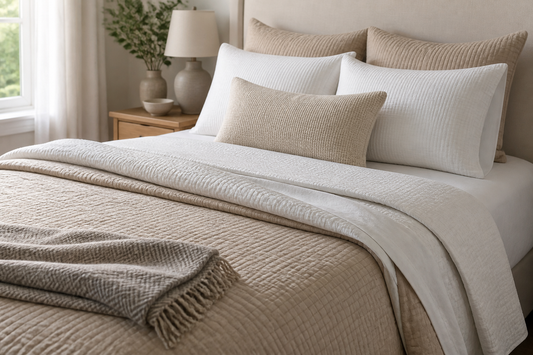 Neatly made bed layered with a quilt, coverlet, sheets, and folded blanket to show different bedding roles