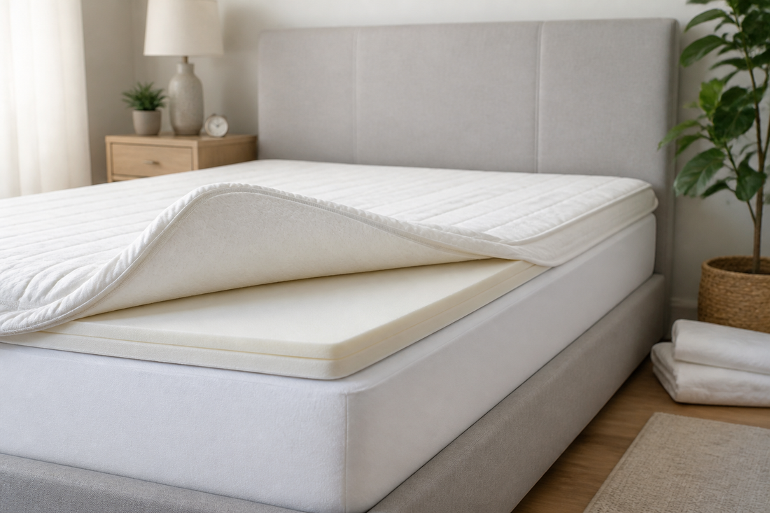 Neatly made bed with a mattress topper corner folded back to show its thickness and layered construction