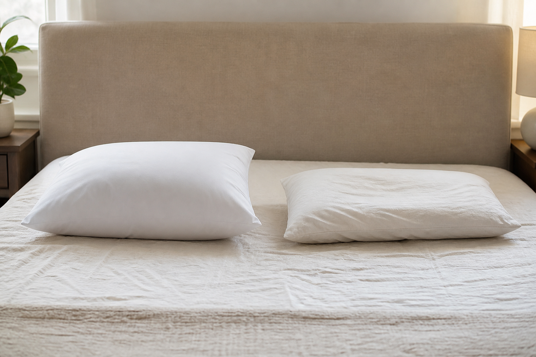 A supportive full pillow beside a permanently flattened pillow on a neatly made bed, illustrating when replacement may be needed