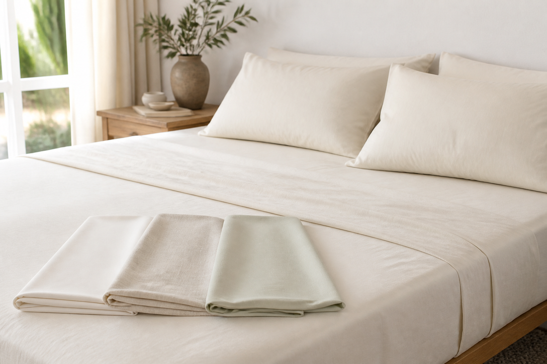 Neatly made bed with visible sheet layers and folded fabric swatches representing different sheet materials