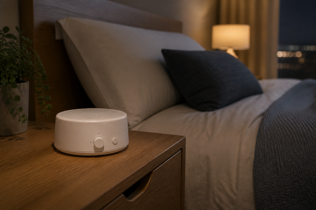 White noise machine on a bedside table in a calm bedroom