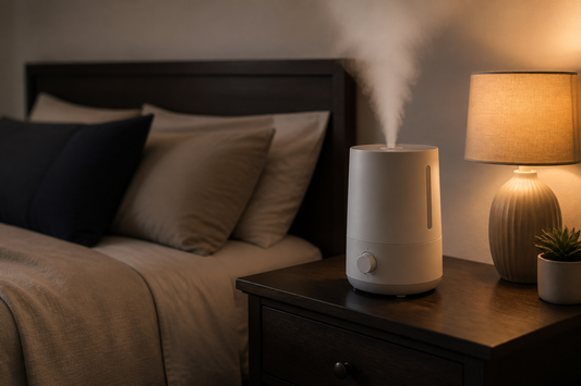 Compact bedroom humidifier operating on a stable nightstand with clear space around its mist outlet