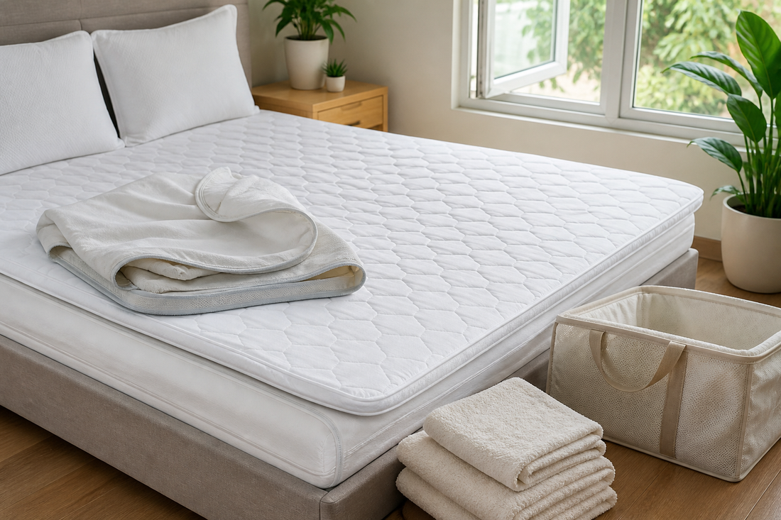 Mattress topper prepared for controlled cleaning with its removable cover separated and towels nearby