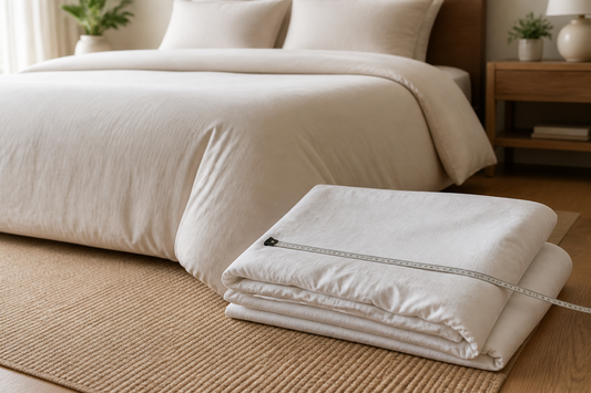 Neatly made bed with a duvet cover, folded duvet insert, and measuring tape arranged nearby