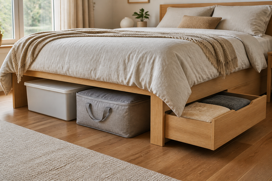 Bedroom showing rigid under-bed bins, a fabric storage bag, and built-in bed drawers as different storage options