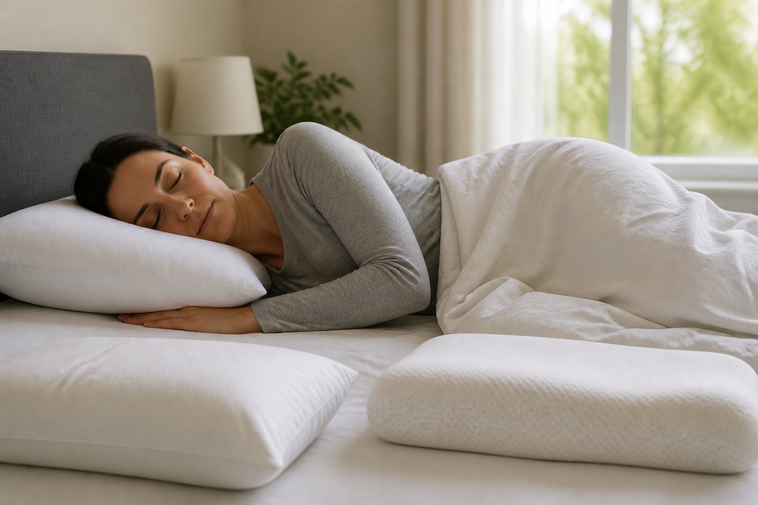 Side sleeper resting on a bed pillow that fills the space between the head and mattress while keeping the neck comfortably aligned