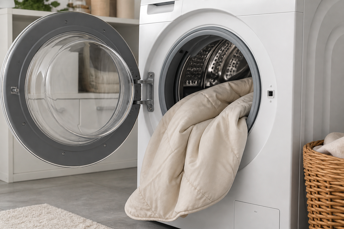 Neutral comforter loosely placed in a front-loading washing machine before the wash cycle