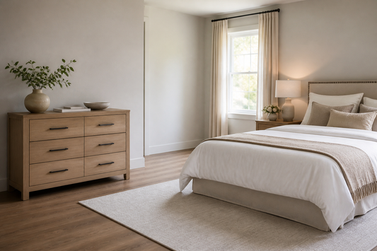 A well-proportioned bedroom dresser placed on a suitable wall with clear walking space around the bed and nearby furniture