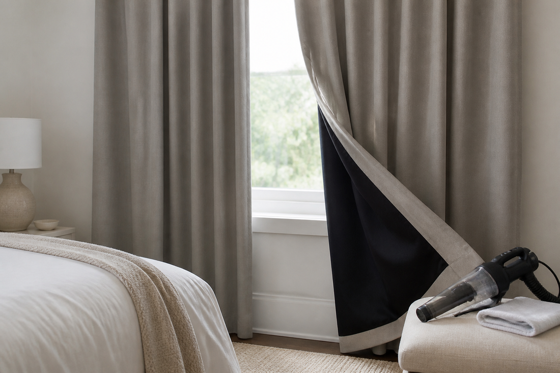 Blackout curtains being gently vacuumed while the light-blocking lining is inspected