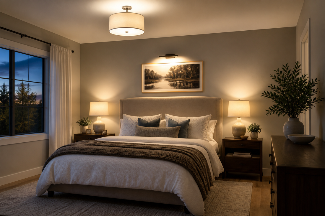 Bedroom showing layered ambient, task, and accent lighting from a ceiling fixture, bedside lamps, and artwork illumination