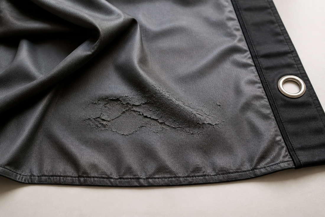 Blackout curtain panel laid flat with localized peeling and fine cracks visible on the back lining