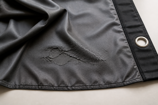 Blackout curtain panel laid flat with localized peeling and fine cracks visible on the back lining