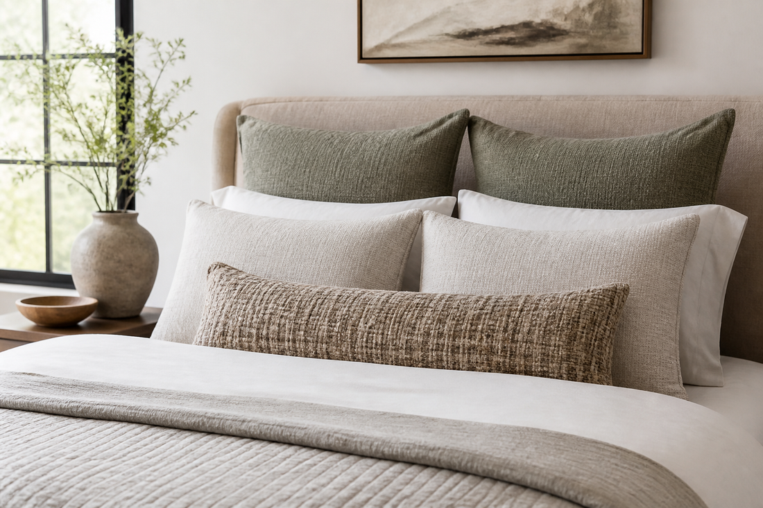 A neatly made bed with sleeping pillows, Euro pillows, standard shams, and one lumbar accent arranged in graduated layers