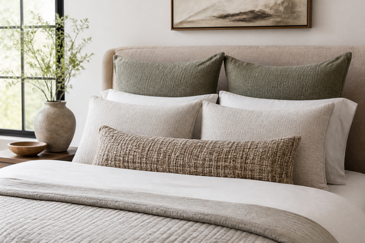 A neatly made bed with sleeping pillows, Euro pillows, standard shams, and one lumbar accent arranged in graduated layers