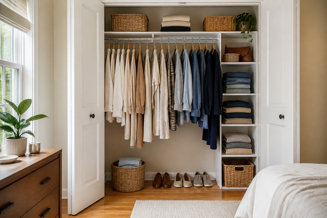 Organized small bedroom closet with current-season clothing, folded garments, storage baskets, and clear floor space