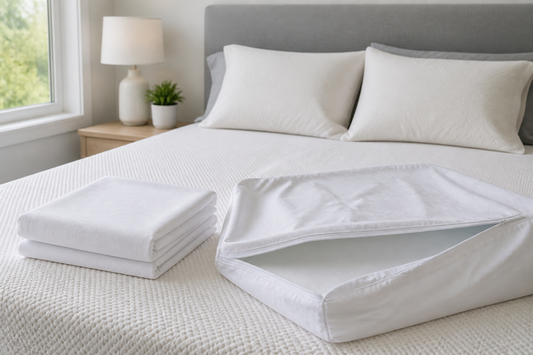 Fitted mattress protector and zippered mattress encasement arranged beside a neatly made bed