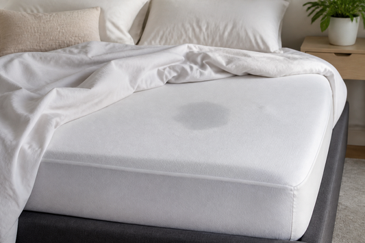 Mattress and protector being inspected after bedding is removed to trace a possible moisture source