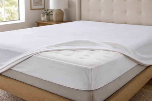 A mattress protector fitted smoothly over a mattress and topper beneath a fitted sheet