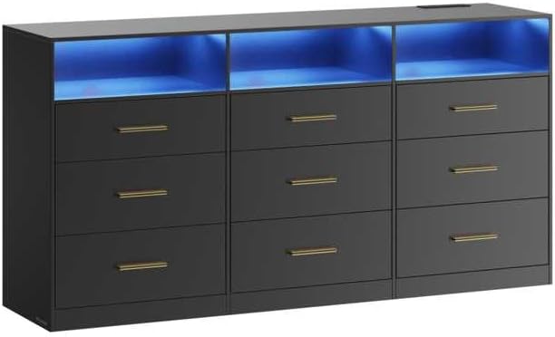 VASAGLE Custos Collection - Dresser for Bedroom, with LED Lights and Power Strip, Chest of Drawers, Modern, TV Stand for Living Room, 9 Drawers, 15.8 x 63 x 32 Inches, Ink Black ULTS319BC01S