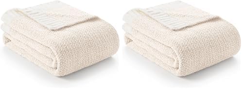 Snuggle Sac Buttery Ivory Throw Blanket for Couch, Reversible Super Soft Knitted Blankets, Warm Cozy Knit Fuzzy Plush Lightweight Throws Dupes for Sofa, Bed, Picnic, Ivory, 50 x 60 inches (Pack of 2)