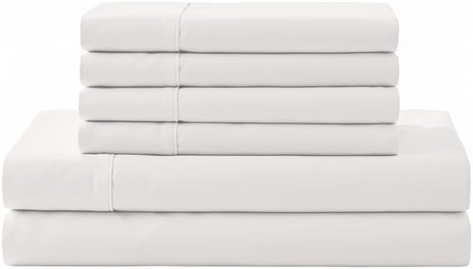 Linen Home 6 Piece Queen Cotton Sheet Set, 100% Cotton Percale, 4 Pillowcases, Deep Pocket with All Around Elastic Sheet, Crisp Breathable Bedding, Hotel Luxury, Long-Staple Combed Cotton, Snow White