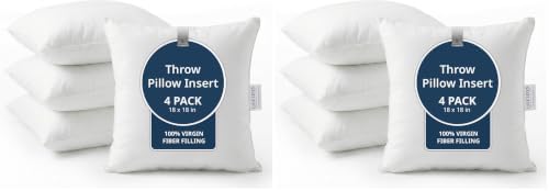 LANE LINEN 8 Pack 18x18 White Throw Pillow Inserts for Decorative Pillow Covers, Couch Pillows for Living Room, Fluffy Pillows for Bed