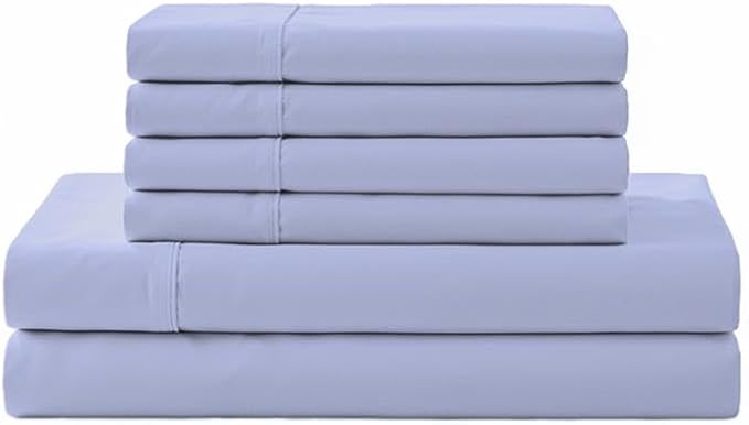 Linen Home 6 Piece Queen Cotton Sheet Set, 100% Cotton Percale, 4 Pillowcases, Deep Pocket with All Around Elastic Sheet, Crisp Breathable Bedding, Hotel Luxury, Long-Staple Combed Cotton, Baby Blue