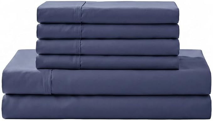 Linen Home 6 Piece Cal King Cotton Sheet Set, 100% Cotton Percale, 4 Pillowcases, Deep Pocket with All Around Elastic Sheet, Crisp Breathable Bedding, Hotel Luxury, Dark Blue