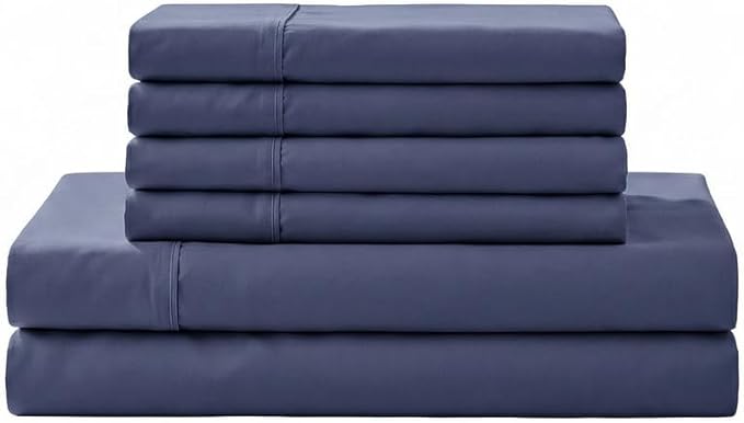 Linen Home 6 Piece Queen Cotton Sheet Set, 100% Cotton Percale, 4 Pillowcases, Deep Pocket with All Around Elastic Sheet, Crisp Breathable Bedding, Hotel Luxury, Long-Staple Combed Cotton, Dark Blue