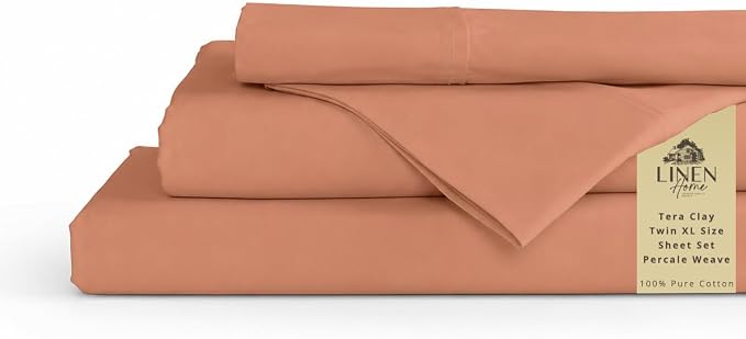Linen Home 100% Cotton Percale Sheets Twin XL Size, Tera Clay, Deep Pocket, 3 Pieces Set- 1 Flat, 1 Fitted and 1 Pillowcase, Crisp Cool and Long Staple Strong Bed Linen