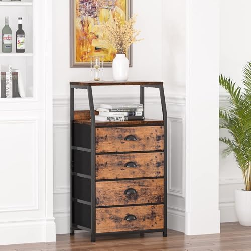 Furnulem Tall Night Stand, Bedside Table for Bedroom, Small Fabric Dresser | Rustic Brown Dorm Closet Organizer, Vertical Storage Drawer, 2-Tier Shelf, Sturdy Steel Frame, Wood Top