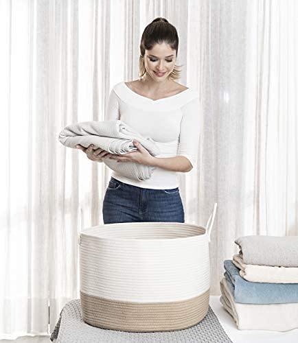 OrganiHaus Round Toy Basket & Blanket Basket, Cotton Rope 20x13" | Honey / Off-White - Round Cotton Rope Basket, 20x13"