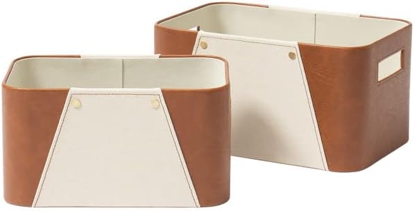 LA JOLIE MUSE Faux Leather Storage Baskets for Organizing, Beige 2 Pack | Fabric Storage Bins, Sturdy Decorative Organizer Baskets for Closet, Shelf, Office Cabinets, Toys, Books and Home Essential