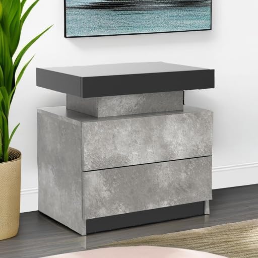 i-aplus Gray Modern LED Nightstand Set of 2 with 2 Wood Drawer for Bedroom | Nightstands with App-Controlled RGB LED Lights, Night Stand with Storgae Drawer, Modern Bedside Table for Bedroom