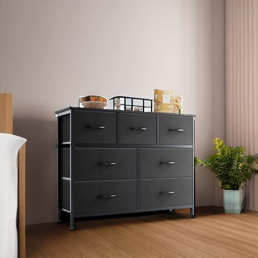 OLIXIS Black Dresser for Bedroom with 7 Fabric Drawers Storage Organizer | Wardrobe Closet for Clothes Storage, Steel Frame & Wooden Top, Cabinet Vertical Dresser for Living Room, Entryway Hallway