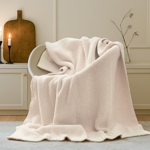 Snuggle Sac Buttery Ivory Throw Blanket for Couch, Reversible Super Soft Knitted Blankets, Warm Cozy Knit Fuzzy Plush Lightweight Throws Dupes for Sofa, Bed, Picnic, Ivory, 50 x 60 inches (Pack of 2)