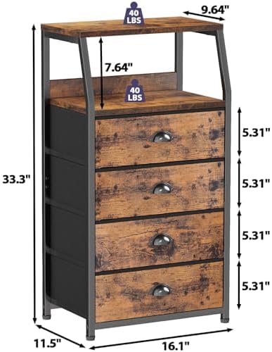 Furnulem Tall Night Stand, Bedside Table for Bedroom, Small Fabric Dresser | Rustic Brown Dorm Closet Organizer, Vertical Storage Drawer, 2-Tier Shelf, Sturdy Steel Frame, Wood Top