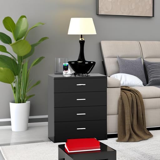FJTJBSI Dresser with Power Outlets Wooden 4 Drawer Dresser with USB and Type C Port Chest of Drawers for Bedroom Tall Black Organizer Storage for Living Room Hallway Closet