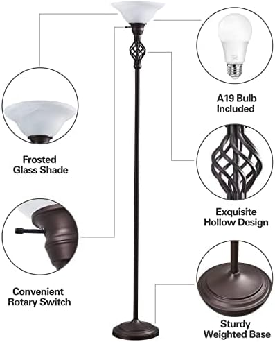 GyroVu Torchiere Floor Lamp for Living Room, LED Standing Reading Light | Glass Lampshade,72" Vintage Tall Lamps for Bedroom Corner Home Office, Bulbs Included