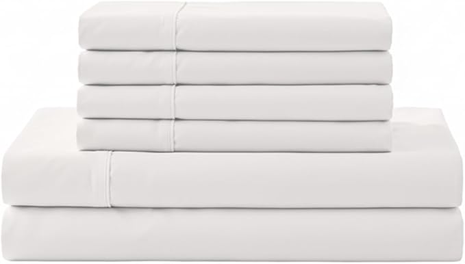 Linen Home 6 Piece California King Sheet Set, 100% Cotton Percale, 4 Pillowcases, Deep Pocket with All Around Elastic Sheet, Crisp Breathable Bedding, Hotel Luxury, Long-Staple Combed Cotton, White