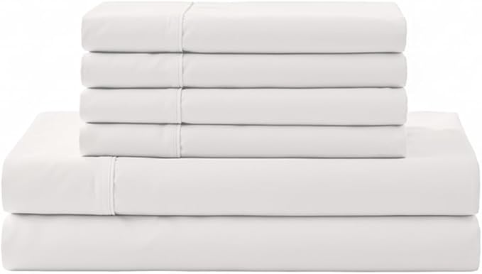 Linen Home 6 Piece King Cotton Sheet Set, 100% Cotton Percale, 4 Pillowcases, Deep Pocket with All Around Elastic Sheet, Crisp Breathable Bedding, Hotel Luxury, Long-Staple Combed Cotton, White