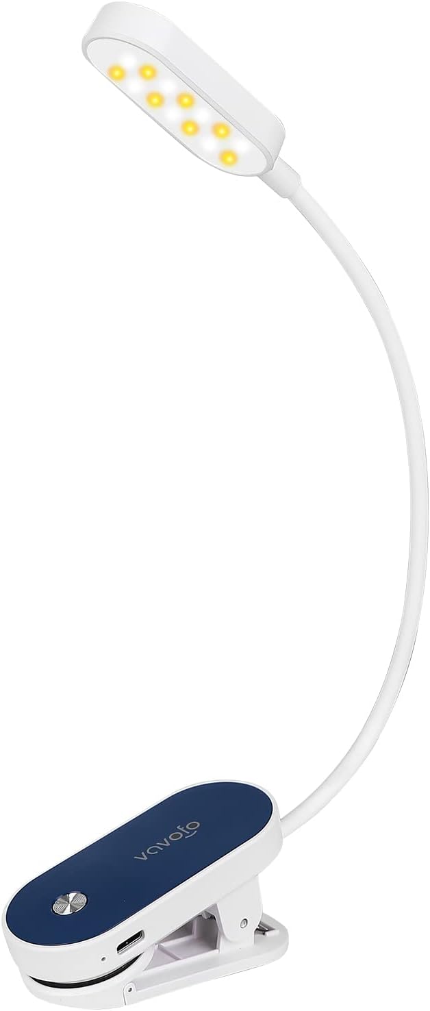 VAVOFO Rechargeable Book Light, 14 LEDs Eye Care Clip On Amber Reading Light for Bookworms Reading in Bed with 9 Colors 9 Brightness (White-Blue)