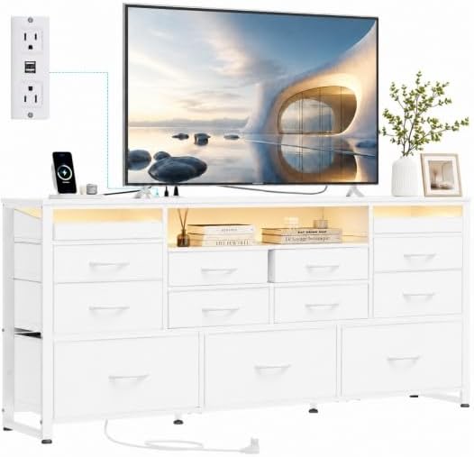 WLIVE LED Dresser TV Stand for 65 Inch TV, 13 Drawers, White | Fits TVs up to 65 inch, 13 fabric drawers, LED chest of drawers, Built-in power outlet, Living room or bedroom