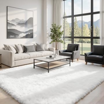 6x9 Fluffy Shag Area Rugs for Living Room Bedroom: Soft Plush Carpet White | Upgraded Non-Slip Thick Memory Foam, Ultra Soft, Non-Shedding Fuzzy Carpet, Easy Clean Decor for Kids Room, Nursery, Playroom