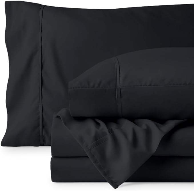 Bare Home Short Queen Sheet Set - 1800 Ultra-Soft (Queen Short, Black) | Deep Pockets 6 to 15 Inches, Breathable, Hypoallergenic, Hotel Luxury, Easy Fit, Soft, All-Season