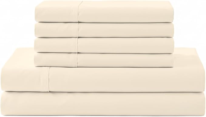 Linen Home 6 Piece California King Sheet Set, 100% Cotton Percale, 4 Pillowcases, Deep Pocket with All Around Elastic Sheet, Crisp Breathable Bedding, Hotel Luxury, Long-Staple Combed Cotton, Ivory