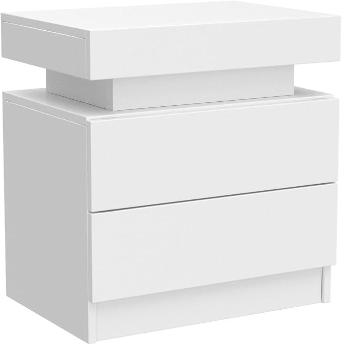 i-aplus White Modern LED Nightstand Set of 2 with 2 Wood Drawer for Bedroom | Nightstands with App-Controlled RGB LED Lights, Night Stand with Storgae Drawer, Modern Bedside Table for Bedroom